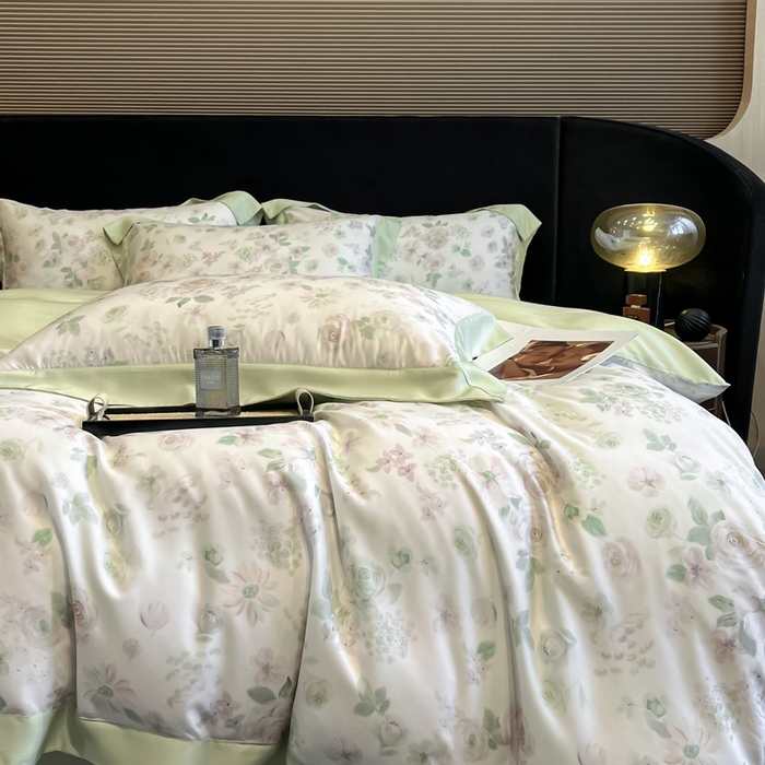 91家纺网 家纺一手货源 找家纺 慕晨 2025新款莱赛尔数码印宽边工艺四件套 念池-绿