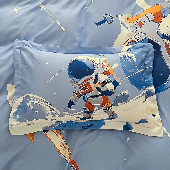 91家纺网 家纺一手货源 找家纺 浩诚 2025新款全棉大版卡通太空人宇航员小恐龙小汽车系列纯棉四件套-提供买家秀 独行月球