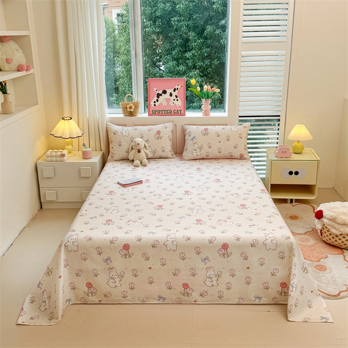 91家纺网 家纺一手货源 找家纺 雯豆2025春夏新款全棉床单三件套纯棉床罩小清新印花床单 全棉床单-小兔乖乖