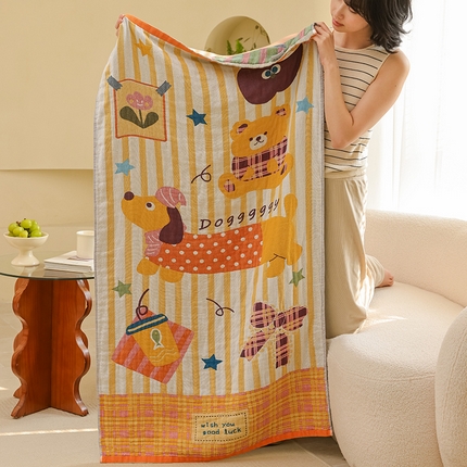 雯雨家纺 2025新款亲肤可爱全棉A类纱布浴巾 蝴蝶结小狗