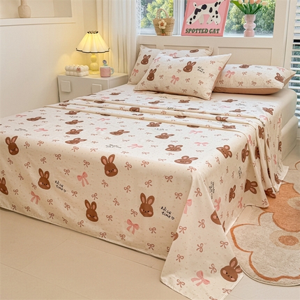 雯豆2025春夏新款全棉床单三件套纯棉床罩小清新印花床单 全棉床单-精灵兔
