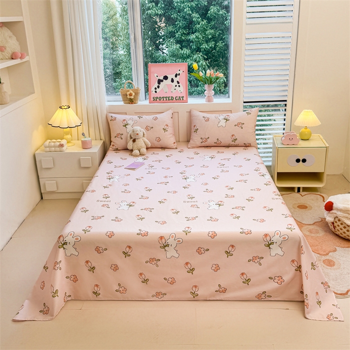 91家纺网 家纺一手货源 找家纺 雯豆2025春夏新款全棉床单三件套纯棉床罩小清新印花床单 全棉床单-甜心派