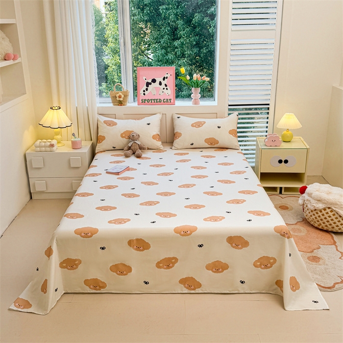 91家纺网 家纺一手货源 找家纺 雯豆2025春夏新款全棉床单三件套纯棉床罩小清新印花床单 全棉床单-汪星领袖