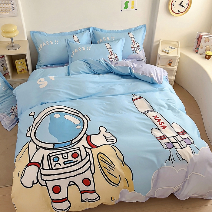 91家纺网 家纺一手货源 找家纺 浩诚 2025新款全棉大版卡通太空人宇航员小恐龙小汽车系列纯棉四件套-提供买家秀 神州之行