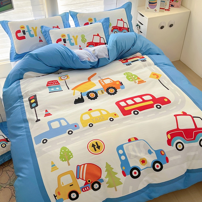 91家纺网 家纺一手货源 找家纺 浩诚 2025新款全棉大版卡通太空人宇航员小恐龙小汽车系列纯棉四件套-提供买家秀 汽车派对