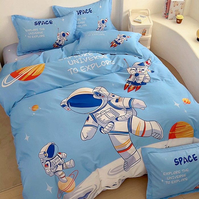 91家纺网 家纺一手货源 找家纺 浩诚 2025新款全棉大版卡通太空人宇航员小恐龙小汽车系列纯棉四件套-提供买家秀 太空遨游