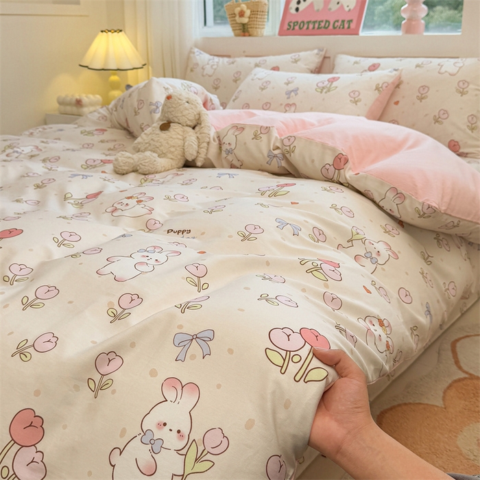 91家纺网 家纺一手货源 找家纺 雯豆2025春夏新款全棉纯棉被套三件套学生成人被罩 全棉被套-小兔乖乖