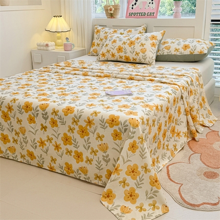 91家纺网 家纺一手货源 找家纺 雯豆2025春夏新款全棉床单三件套纯棉床罩小清新印花床单 全棉床单-暖阳