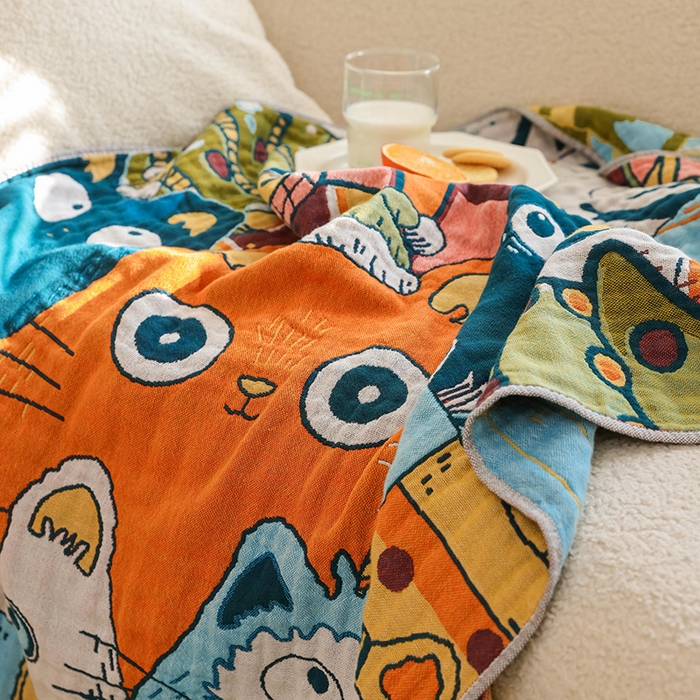 91家纺网 家纺一手货源 找家纺 雯雨家纺 2025新款亲肤可爱全棉A类纱布浴巾 排排猫