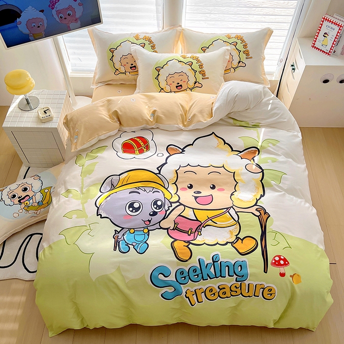 91家纺网 家纺一手货源 找家纺 （总）浩诚 2025新款正版喜羊羊灰太狼全棉卡通大版印花四件套（全）-提供买家秀