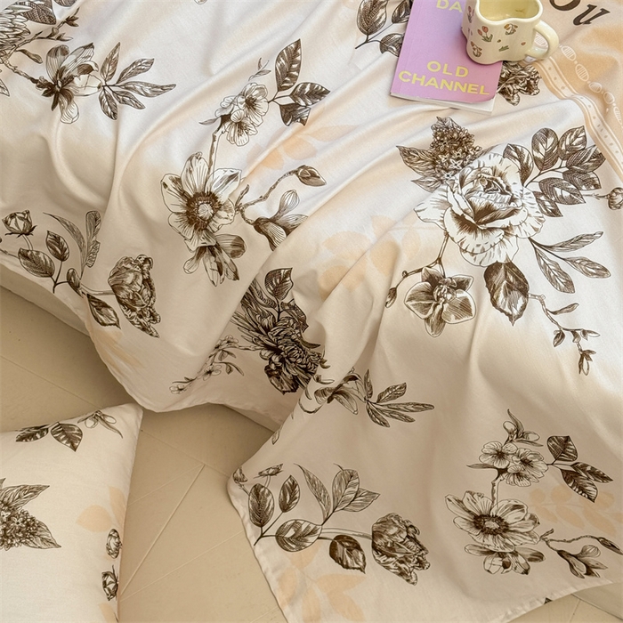 91家纺网 家纺一手货源 找家纺 雯豆2025春夏新款全棉床单三件套纯棉床罩小清新印花床单 全棉床单-蔓秋