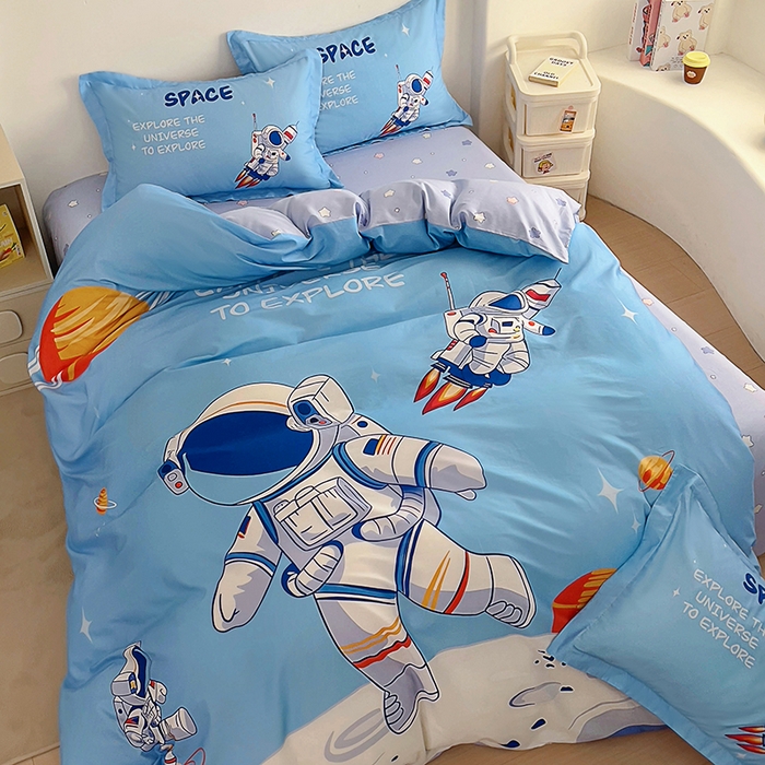 91家纺网 家纺一手货源 找家纺 浩诚 2025新款全棉大版卡通太空人宇航员小恐龙小汽车系列纯棉四件套-提供买家秀 太空遨游