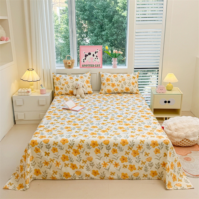 91家纺网 家纺一手货源 找家纺 雯豆2025春夏新款全棉床单三件套纯棉床罩小清新印花床单 全棉床单-暖阳