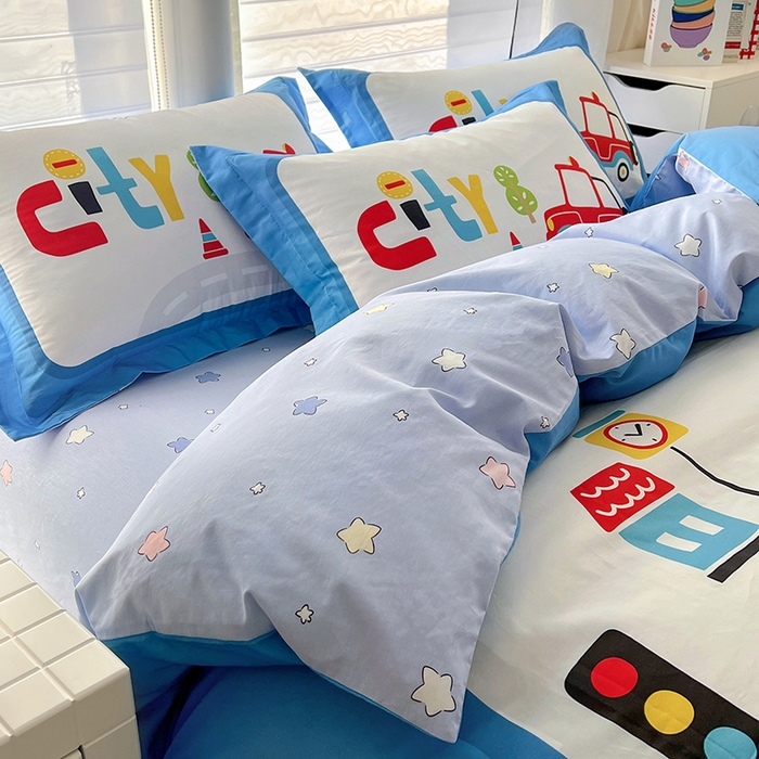 91家纺网 家纺一手货源 找家纺 浩诚 2025新款全棉大版卡通太空人宇航员小恐龙小汽车系列纯棉四件套-提供买家秀 汽车派对