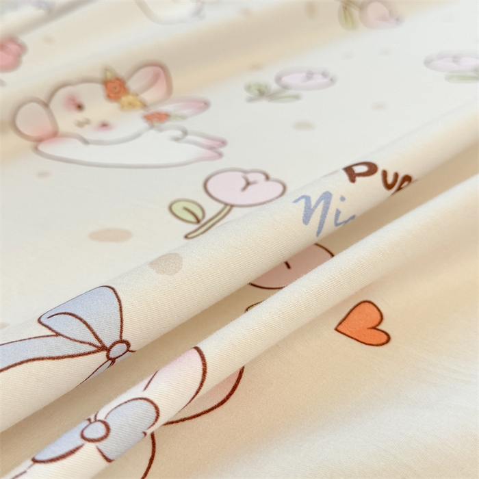 91家纺网 家纺一手货源 找家纺 雯豆2025春夏新款全棉床单三件套纯棉床罩小清新印花床单 全棉床单-小兔乖乖