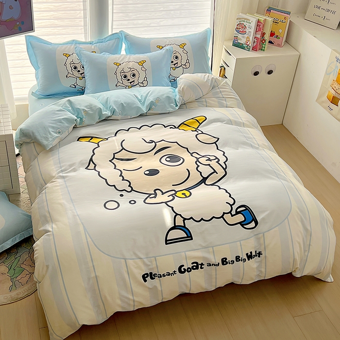 91家纺网 家纺一手货源 找家纺 浩诚 2025新款正版喜羊羊灰太狼全棉卡通大版印花四件套（全）-提供买家秀 羊先生