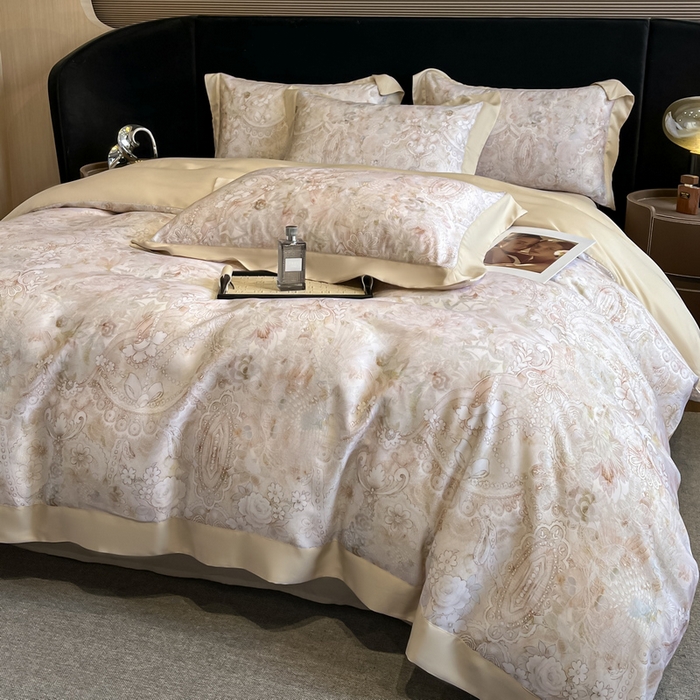 91家纺网 家纺一手货源 找家纺 2025新款大宽边高级简奢款凉感天丝莱赛尔数码印花丝滑丝绸四件套直播热款