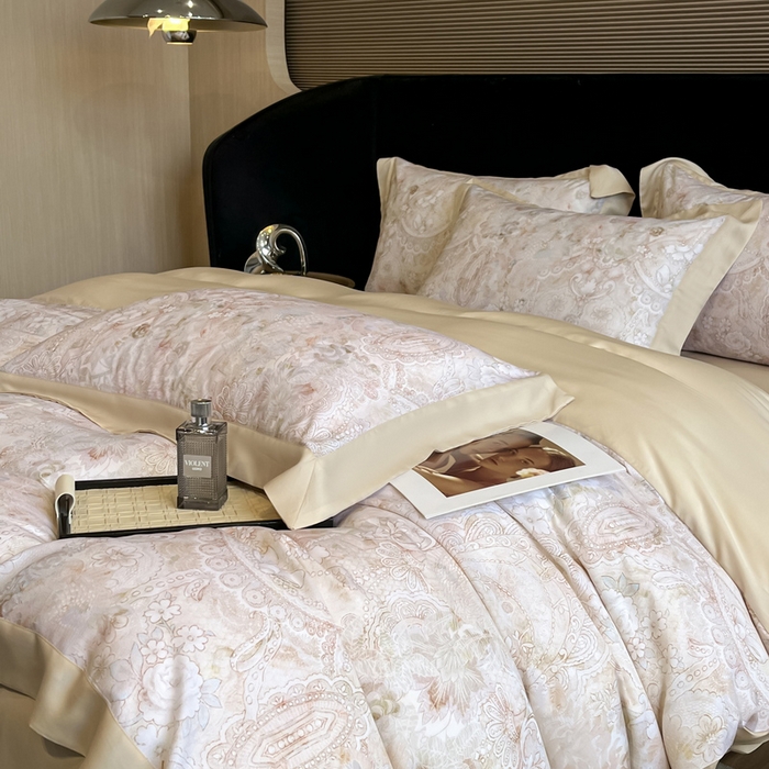 91家纺网 家纺一手货源 找家纺 2025新款大宽边高级简奢款凉感天丝莱赛尔数码印花丝滑丝绸四件套直播热款