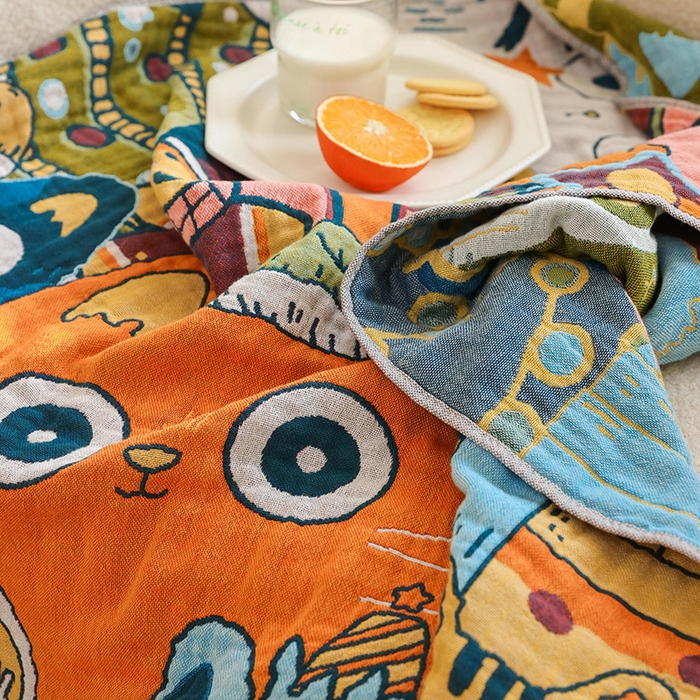 91家纺网 家纺一手货源 找家纺 雯雨家纺 2025新款亲肤可爱全棉A类纱布浴巾 排排猫