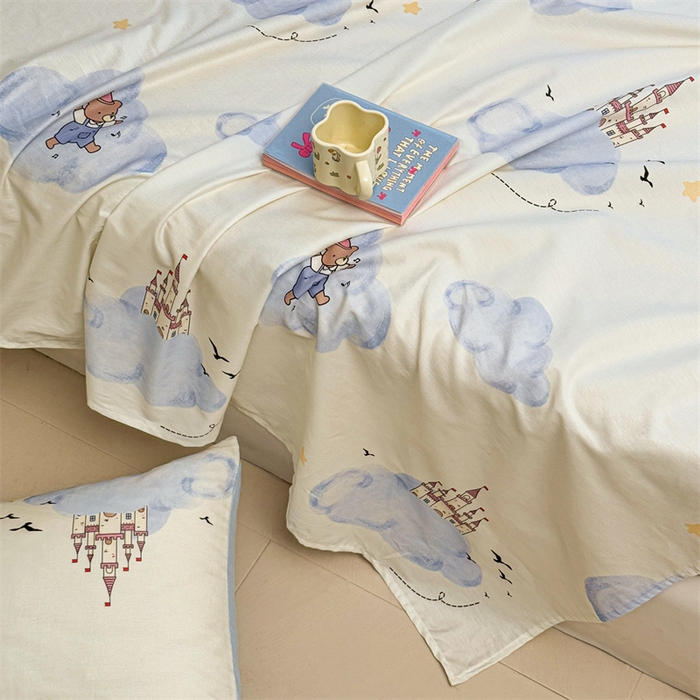 91家纺网 家纺一手货源 找家纺 雯豆2025春夏新款全棉床单三件套纯棉床罩小清新印花床单 全棉床单-熊熊城堡