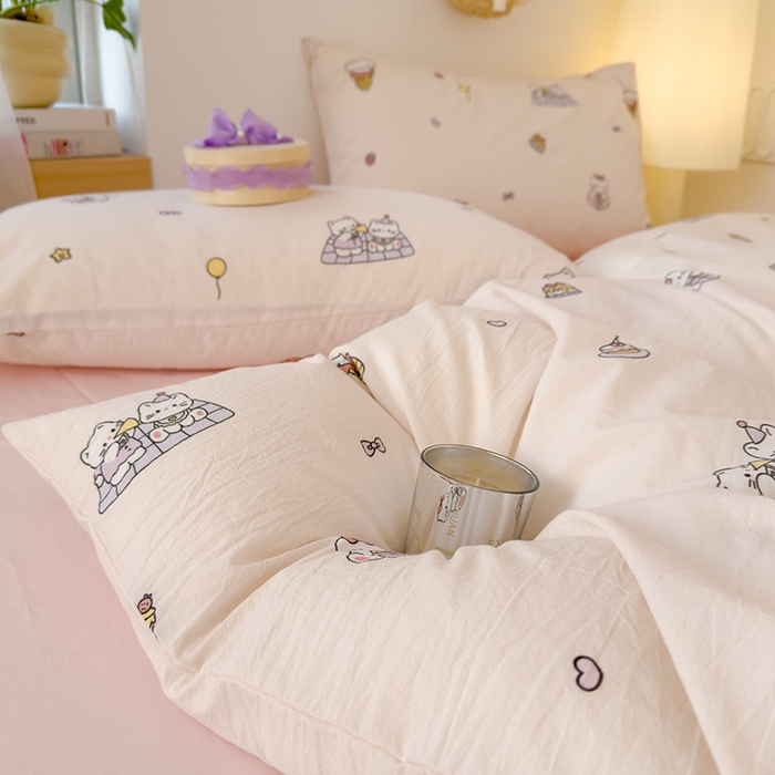 91家纺网 家纺一手货源 找家纺 颜选 2025新款水洗棉印花四件套 可可猫咪