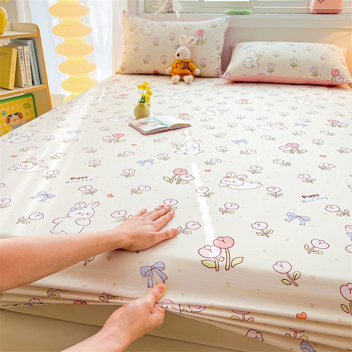 91家纺网 家纺一手货源 找家纺 雯豆2025春夏新品全棉床笠三件套学生成人印花纯棉床罩 全棉床笠-小兔乖乖