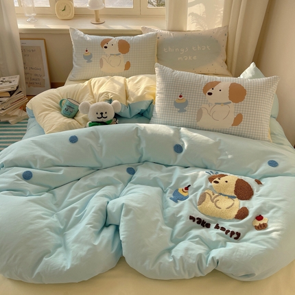 美乐迪家纺 2025新款休闲风系列全棉毛巾绣四件套 布丁狗狗