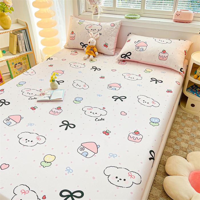 91家纺网 家纺一手货源 找家纺 雯豆2025春夏新品全棉床笠三件套学生成人印花纯棉床罩 全棉床笠-奶油蝴蝶结