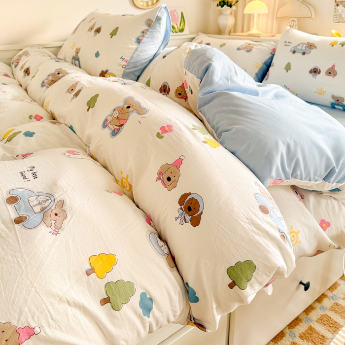 91家纺网 家纺一手货源 找家纺 慕澄家纺 2025新款小清新水洗棉印花四件套 萌趣版-汽车动员