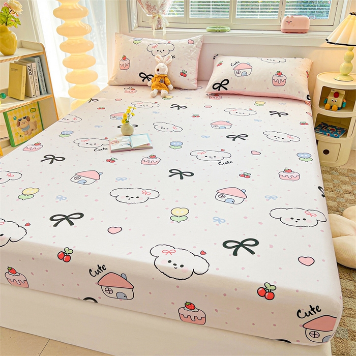 91家纺网 家纺一手货源 找家纺 雯豆2025春夏新品全棉床笠三件套学生成人印花纯棉床罩 全棉床笠-奶油蝴蝶结