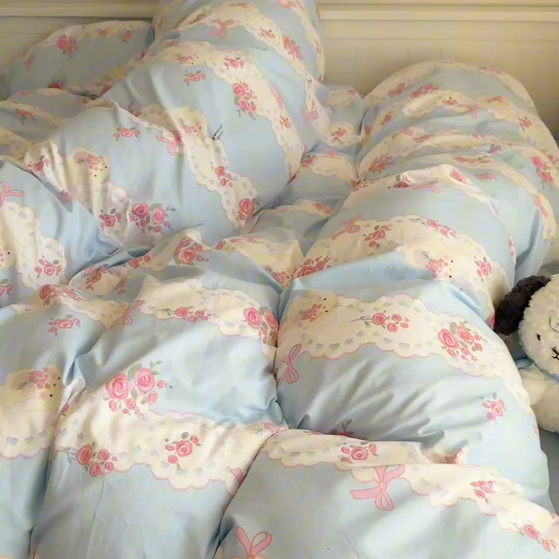 91家纺网 家纺一手货源 找家纺 慕澄家纺 2025新款小清新水洗棉印花四件套 萌趣版-蓝色花语