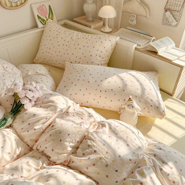 91家纺网 家纺一手货源 找家纺 慕澄家纺 2025新款小清新水洗棉印花四件套 萌趣版-奶油波点