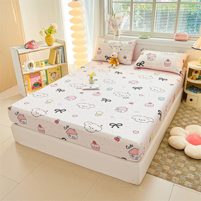 91家纺网 家纺一手货源 找家纺 雯豆2025春夏新品全棉床笠三件套学生成人印花纯棉床罩 全棉床笠-奶油蝴蝶结