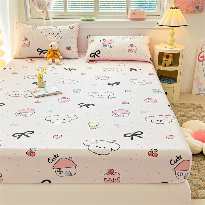 91家纺网 家纺一手货源 找家纺 雯豆2025春夏新品全棉床笠三件套学生成人印花纯棉床罩 全棉床笠-奶油蝴蝶结