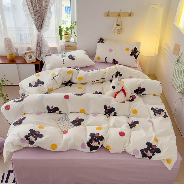 91家纺网 家纺一手货源 找家纺 颜选 2025新款水洗棉印花四件套 黑狗狗