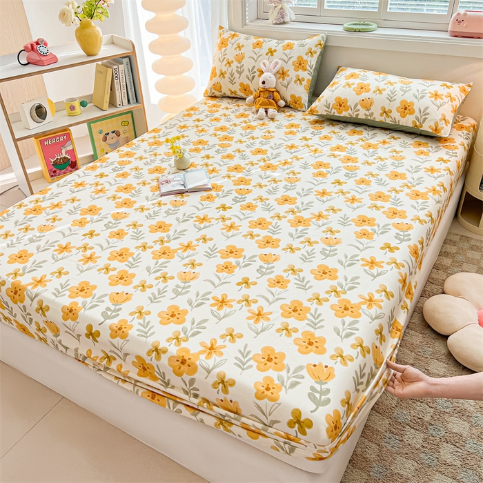 91家纺网 家纺一手货源 找家纺 雯豆2025春夏新品全棉床笠三件套学生成人印花纯棉床罩 全棉床笠-暖阳