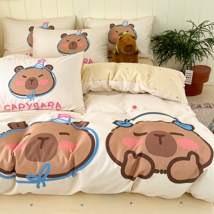 91家纺网 家纺一手货源 找家纺 博雅 2025新款卡皮巴拉系列全棉印花四件套 音乐卡皮巴拉