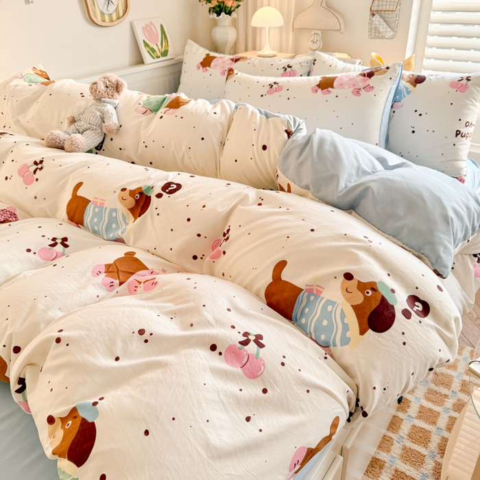 91家纺网 家纺一手货源 找家纺 慕澄家纺 2025新款小清新水洗棉印花四件套 萌趣版-腊肠狗