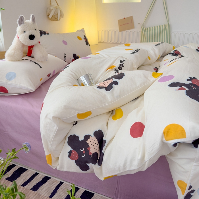 91家纺网 家纺一手货源 找家纺 颜选 2025新款水洗棉印花四件套 黑狗狗