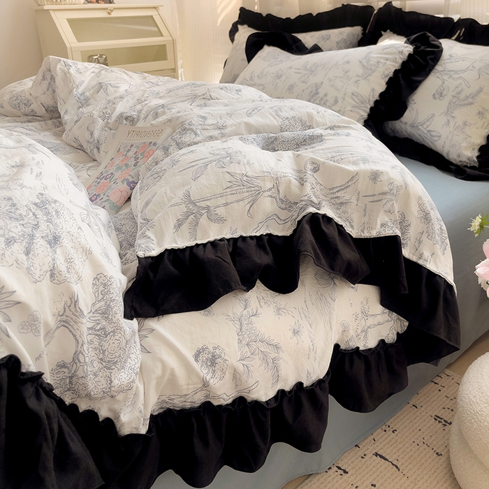 91家纺网 家纺一手货源 找家纺 繁花家居 2025新款黑色花边赫本风水洗棉双层纱针织棉韩式花边四件套 莫奈蓝