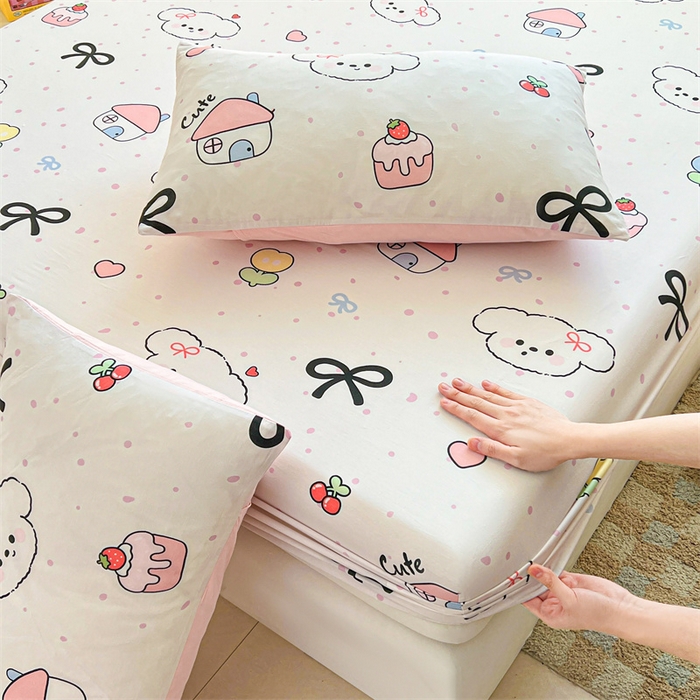 91家纺网 家纺一手货源 找家纺 雯豆2025春夏新品全棉床笠三件套学生成人印花纯棉床罩 全棉床笠-奶油蝴蝶结