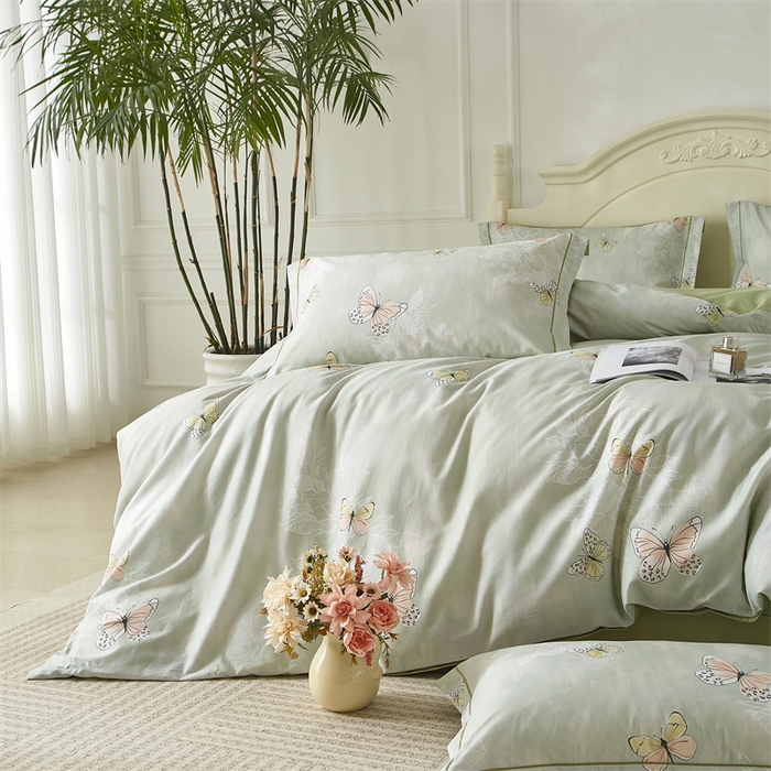 91家纺网 家纺一手货源 找家纺 曼秀琳 2025新款铂金棉数码印花四件套(全棉133*76) 浅梦-绿