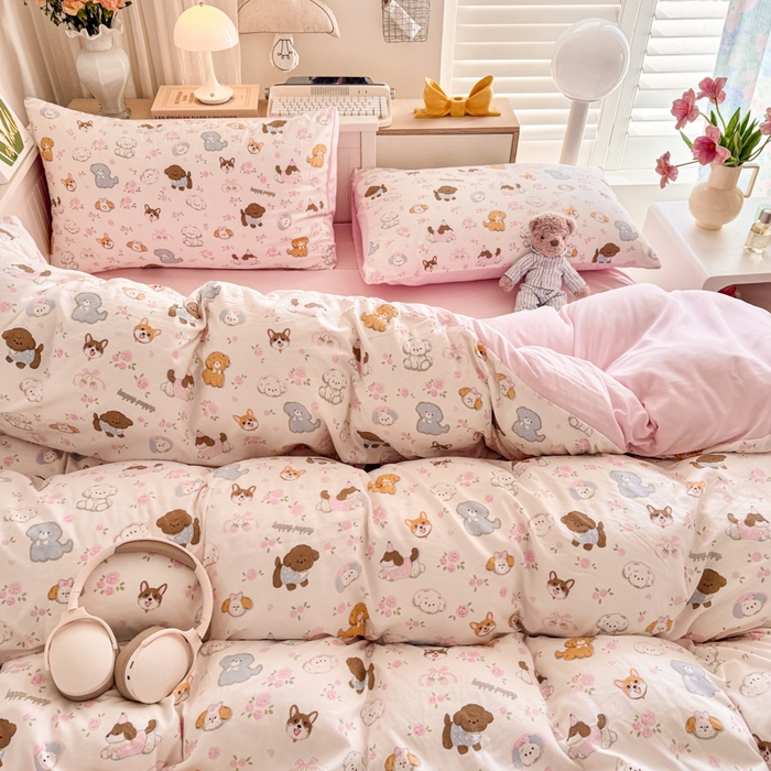 91家纺网 家纺一手货源 找家纺 慕澄家纺 2025新款小清新水洗棉印花四件套 萌趣版-狗狗派对