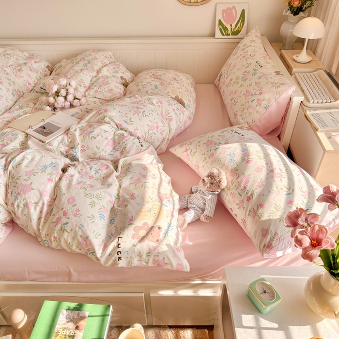 91家纺网 家纺一手货源 找家纺 慕澄家纺 2025新款小清新水洗棉印花四件套 萌趣版-花园宝贝