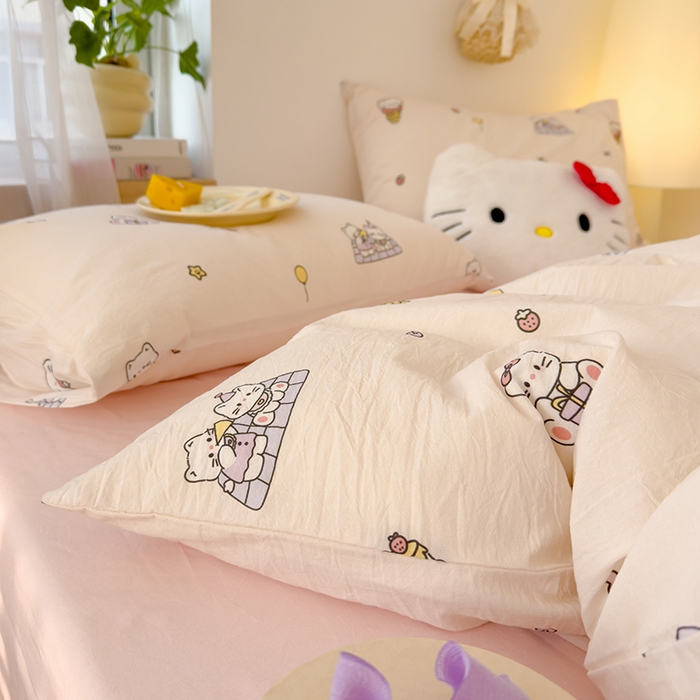 91家纺网 家纺一手货源 找家纺 颜选 2025新款水洗棉印花四件套 可可猫咪