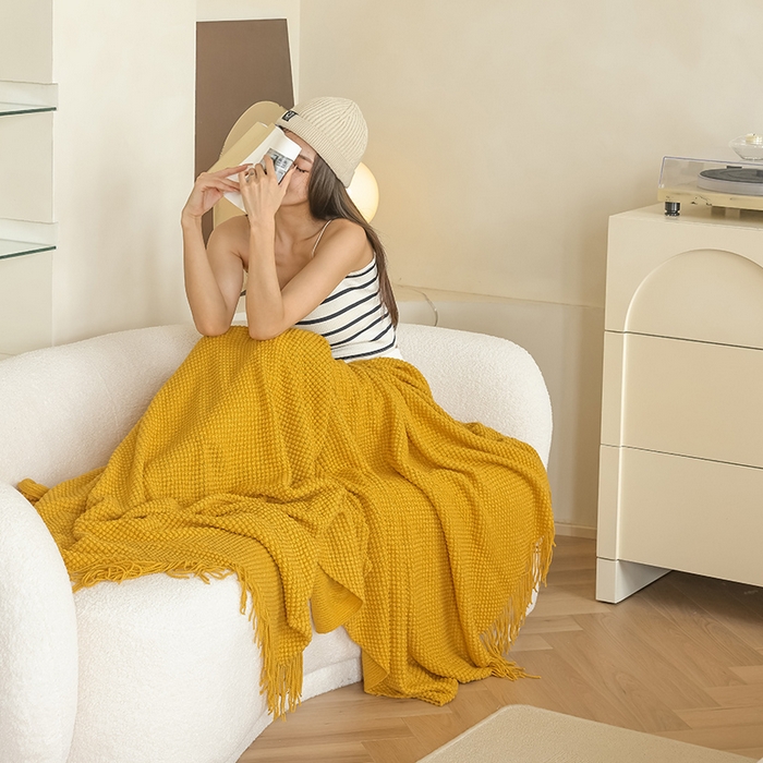91家纺网 家纺一手货源 找家纺 朴尔家纺-毛巾被 2025新款波波风流苏柔糯毯床尾毯沙发巾 波波流苏柔糯毯-姜黄