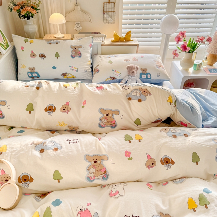 91家纺网 家纺一手货源 找家纺 慕澄家纺 2025新款小清新水洗棉印花四件套 萌趣版-汽车动员