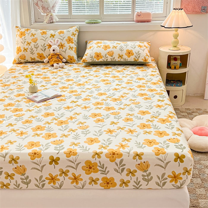 91家纺网 家纺一手货源 找家纺 雯豆2025春夏新品全棉床笠三件套学生成人印花纯棉床罩 全棉床笠-暖阳