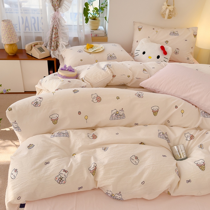 91家纺网 家纺一手货源 找家纺 颜选 2025新款水洗棉印花四件套 可可猫咪