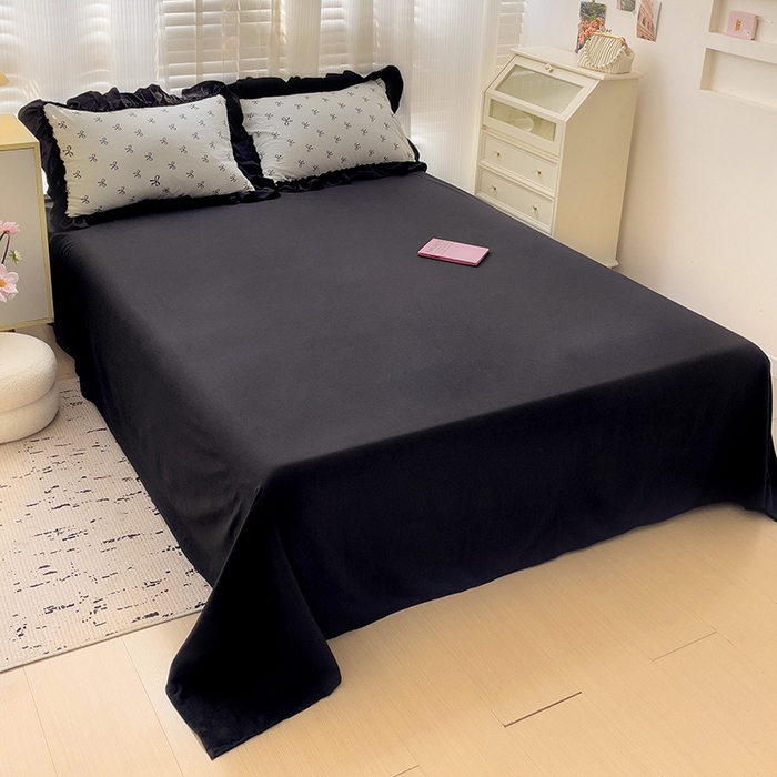 91家纺网 家纺一手货源 找家纺 繁花家居 2025新款黑色花边赫本风水洗棉双层纱针织棉韩式花边四件套 少女心